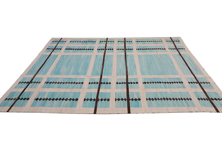 10'x14' Handwoven Kilim Rug | Turquoise Brown Ivory | Luxury Geometric