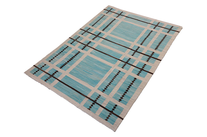 10'x14' Handwoven Kilim Rug | Turquoise Brown Ivory | Luxury Geometric
