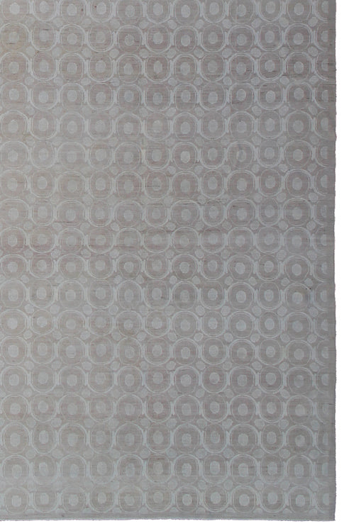 Large 10x14 hand-knotted Ariana Modern wool and silk rug with a minimalist green and neutral circular design.
