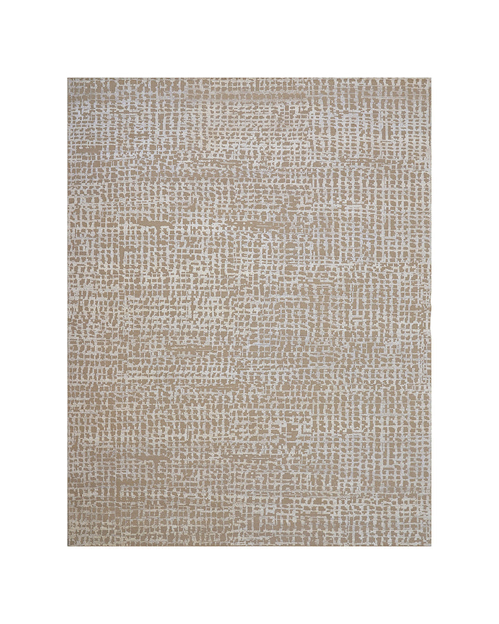 Textured area rug with a neutral color palette on a white background