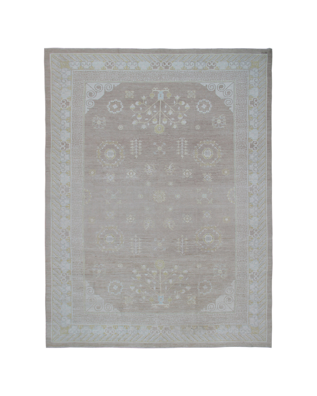 13'10" x 10' soft color hand-knotted wool area rug featuring a geometric Samarkand pattern and vintage aesthetic from the Ariana Samarkand Collection.