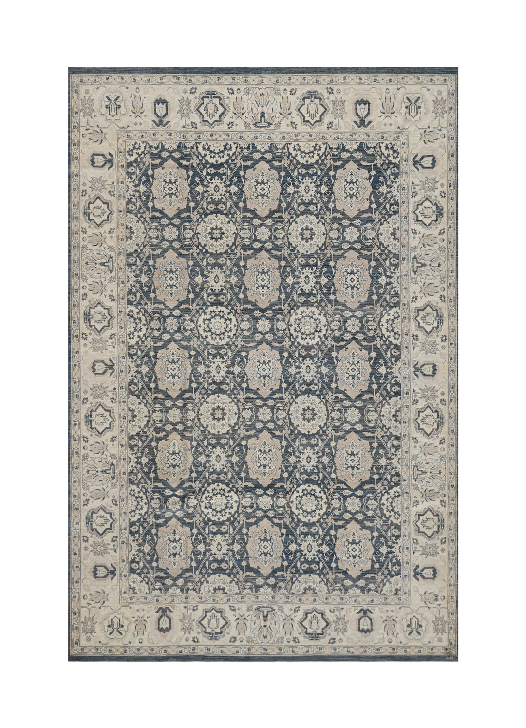 10'x14' Hand-Knotted Agra Rug | Navy & Tan Floral Design Rug