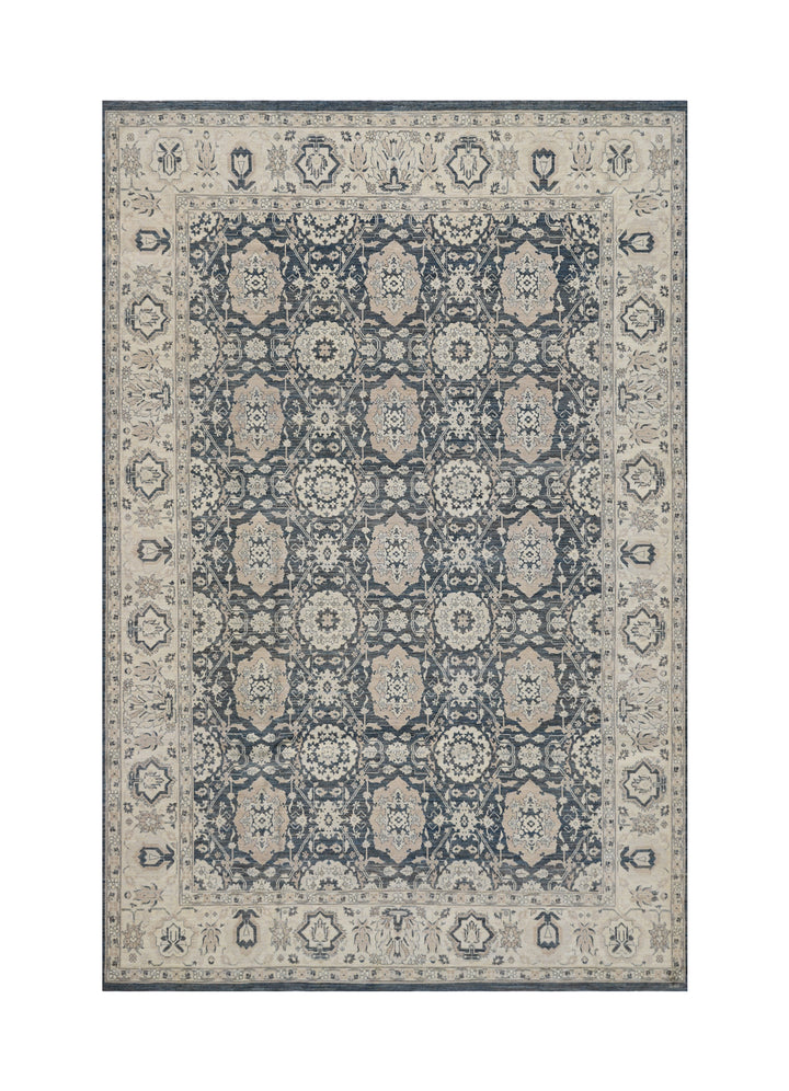 10'x14' Hand-Knotted Agra Rug | Navy & Tan Floral Design Rug
