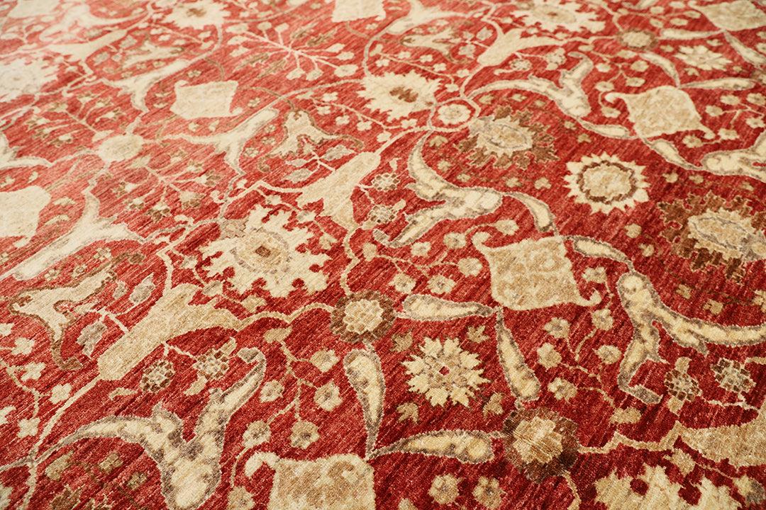 Close-up of a red and beige patterned fabric