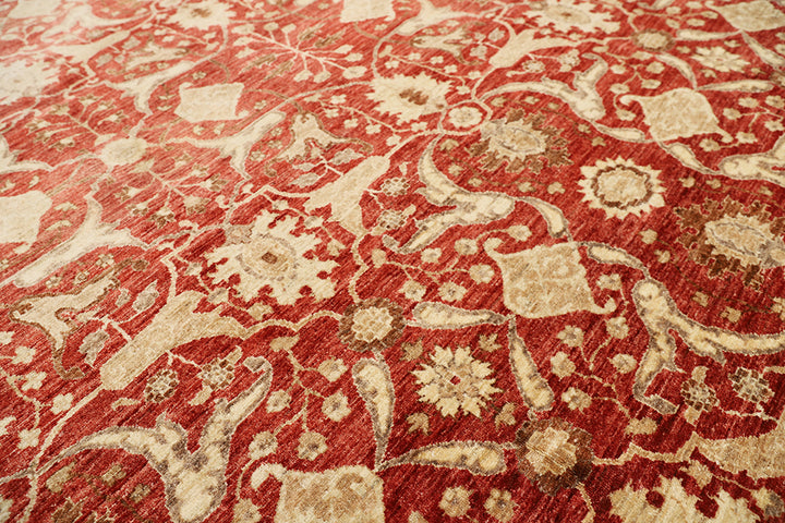 Close-up of a red and beige patterned fabric
