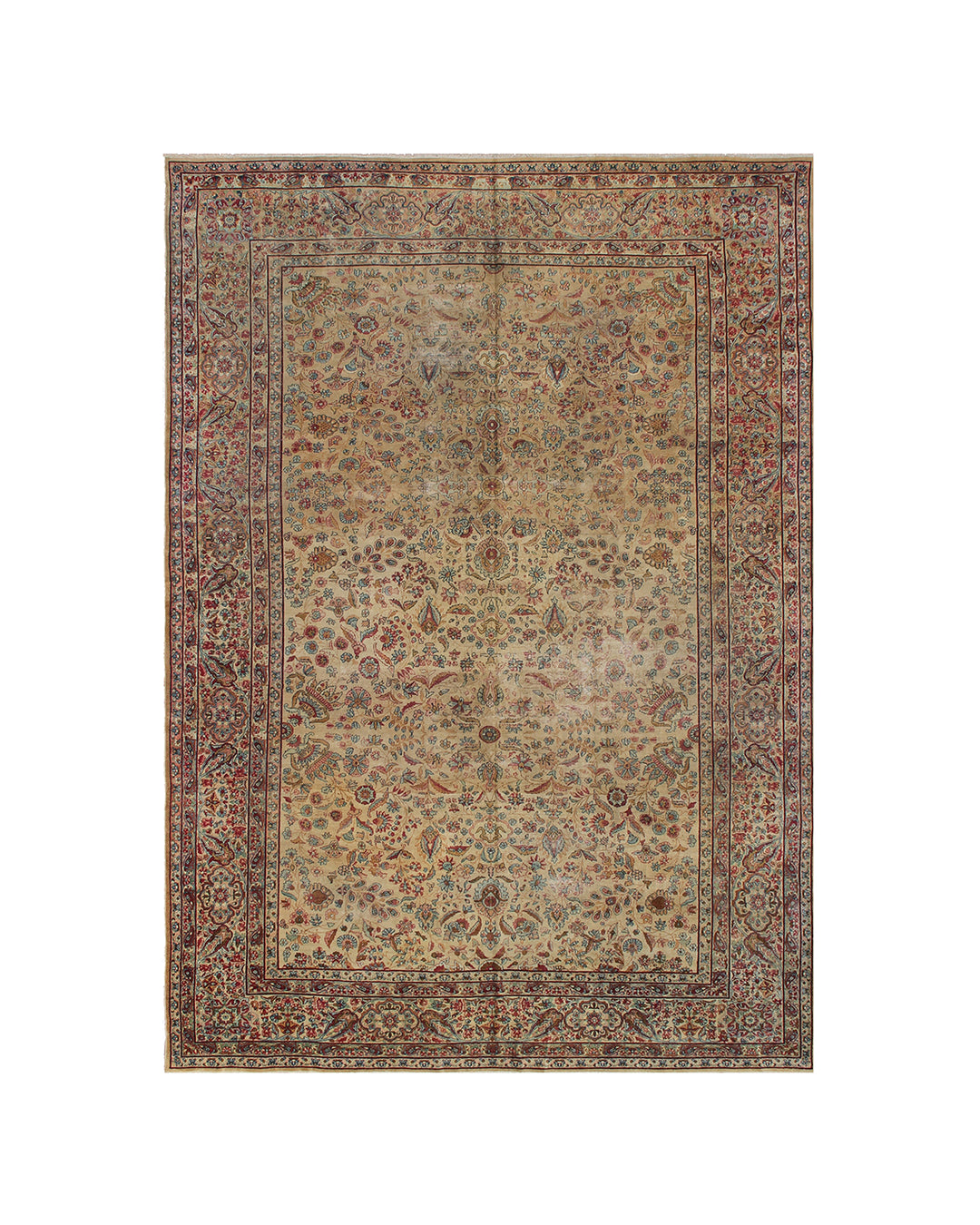 10'x16' antique Persian Kerman floral rug in gold, pink, blue, and ivory with authentic low pile from Ariana Rugs