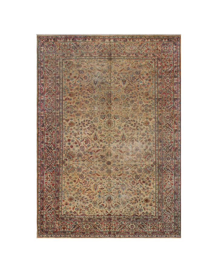 10'x16' antique Persian Kerman floral rug in gold, pink, blue, and ivory with authentic low pile from Ariana Rugs