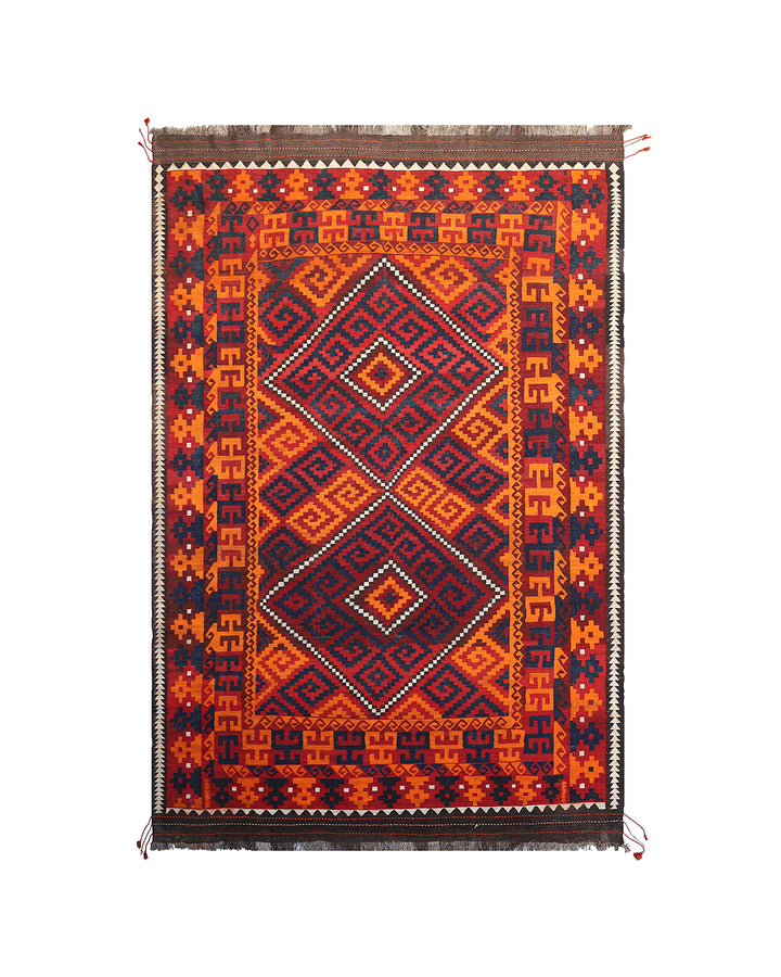 10'x17' red, blue, brown, and orange geometric pattern Afghan Maimana flat-woven wool kilim rug
