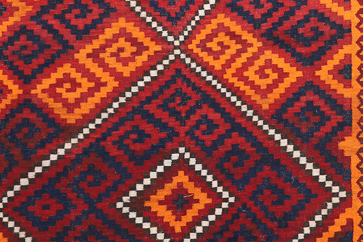 10'x17' red, blue, brown, and orange geometric pattern Afghan Maimana flat-woven wool kilim rug