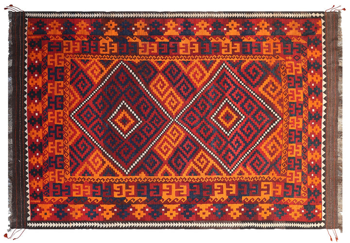10'x17' red, blue, brown, and orange geometric pattern Afghan Maimana flat-woven wool kilim rug