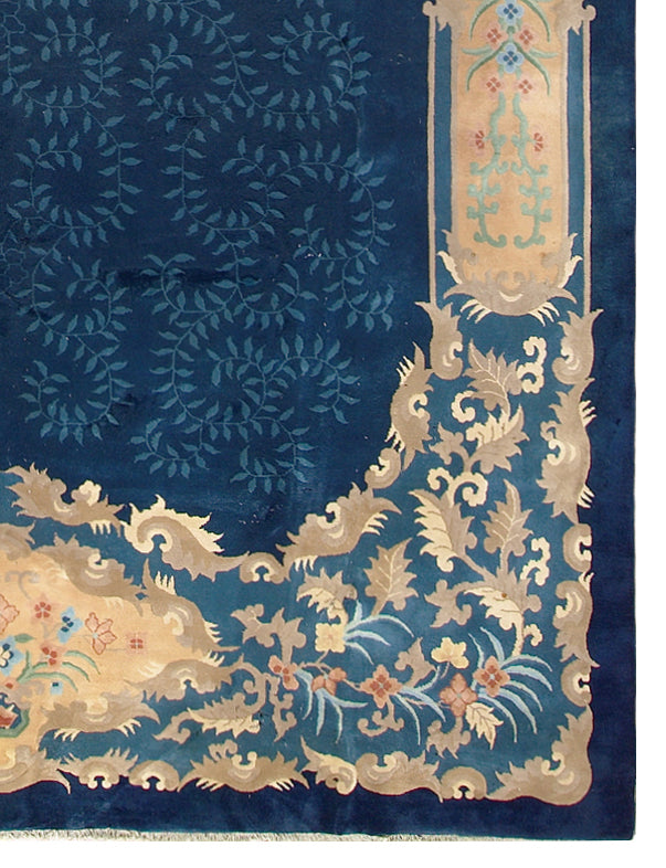 Decorative rug with intricate patterns on a blue background