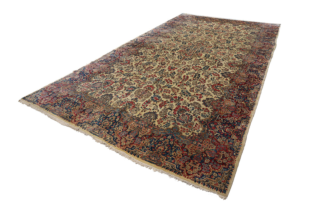 10'x20' Kerman Rug | Large Floral Persian Kirman in Ivory & Red Rug