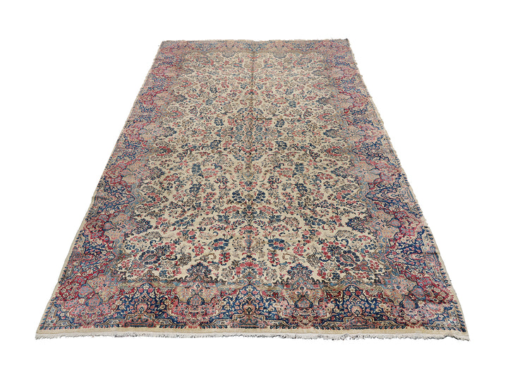 10'x20' Kerman Rug | Large Floral Persian Kirman in Ivory & Red Rug