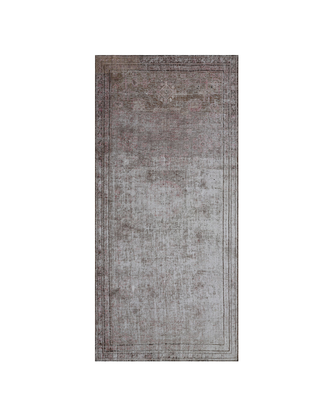 A rectangular area rug with a distressed, vintage-style pattern in muted gray, taupe, and brown tones, shown flat against a solid white background.