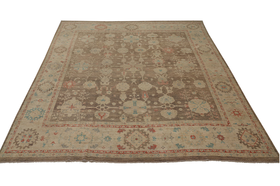 11'x12' Hand-Knotted Turkish Oushak Rug | Organic Wool, Floral Design