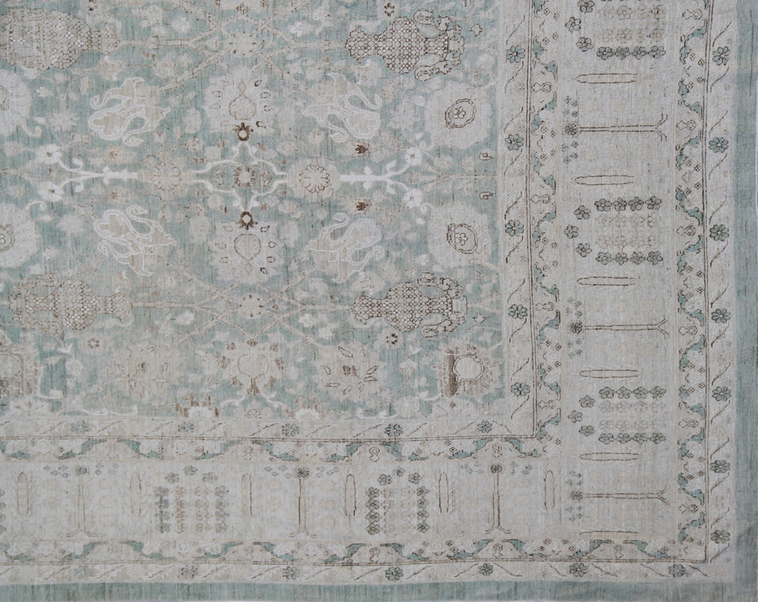 11x13 Fine Luxury Green Ariana Traditional Tabriz Vase Design Hand Knotted Wool and Silk Area Rug 11ft 5in x 13ft 3in