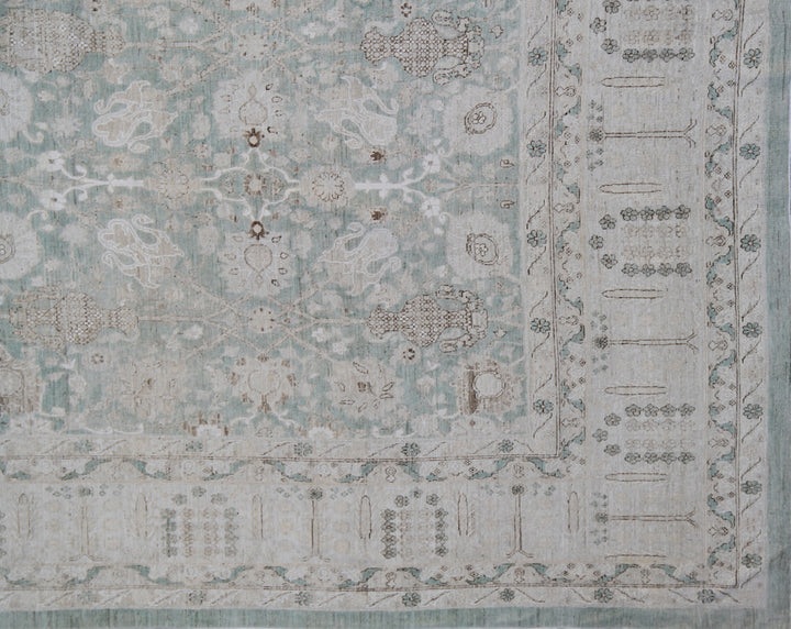 11x13 Fine Luxury Green Ariana Traditional Tabriz Vase Design Hand Knotted Wool and Silk Area Rug 11ft 5in x 13ft 3in