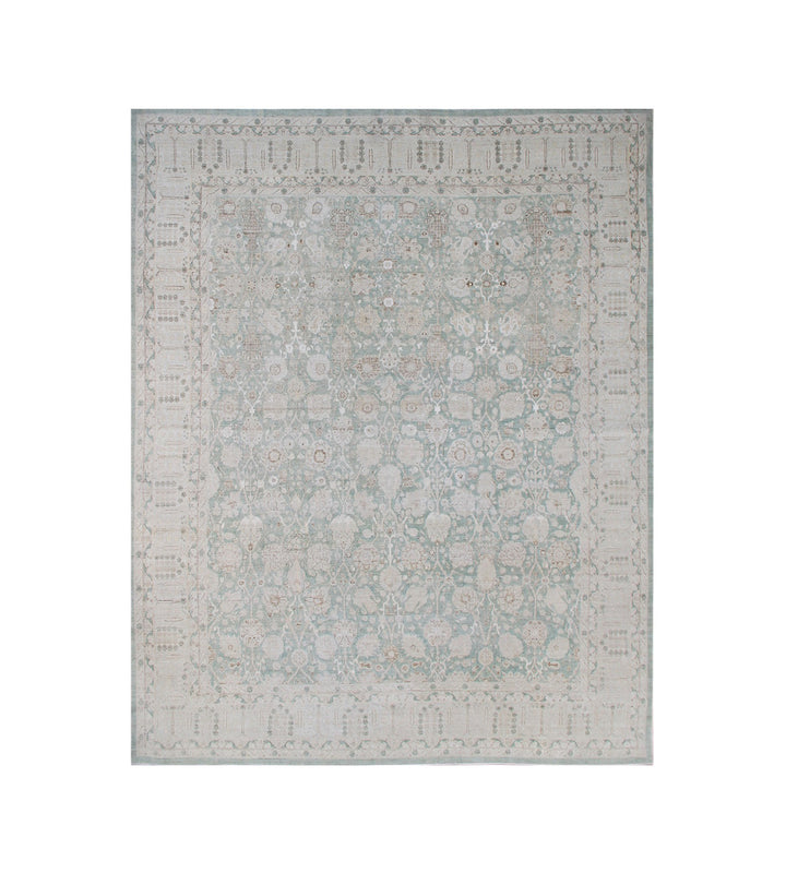11x13 Fine Luxury Green Ariana Traditional Tabriz Vase Design Hand Knotted Wool and Silk Area Rug 11ft 5in x 13ft 3in