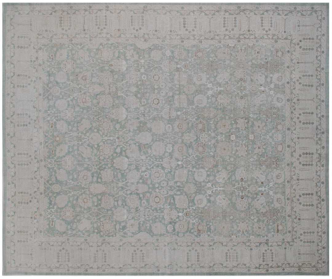 11x13 Fine Luxury Green Ariana Traditional Tabriz Vase Design Hand Knotted Wool and Silk Area Rug 11ft 5in x 13ft 3in