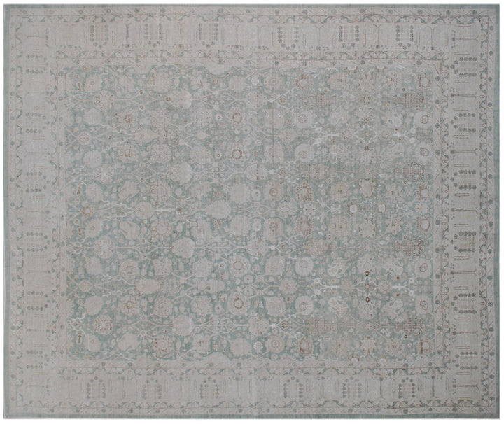 11x13 Fine Luxury Green Ariana Traditional Tabriz Vase Design Hand Knotted Wool and Silk Area Rug 11ft 5in x 13ft 3in