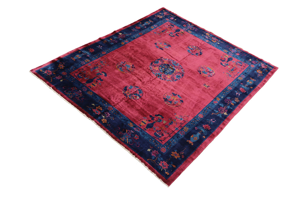 11'x13' Vintage Chinese Art Deco Rug | Burgundy Navy Floral | Luxury Rug