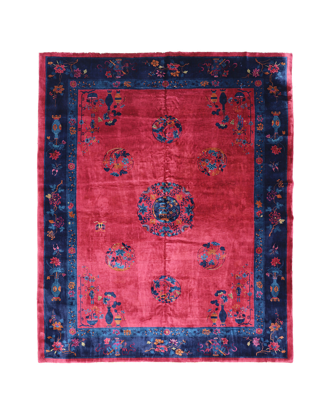 Genuine Vintage Chinese Art Deco Burgundy and Navy Hand Knotted Wool Rug