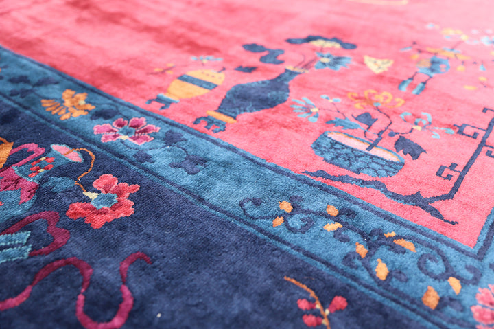 11'x13' Vintage Chinese Art Deco Rug | Burgundy Navy Floral | Luxury Rug