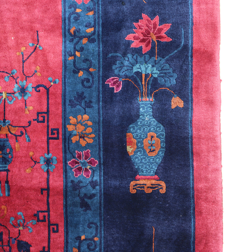 11'x13' Vintage Chinese Art Deco Rug | Burgundy Navy Floral | Luxury Rug