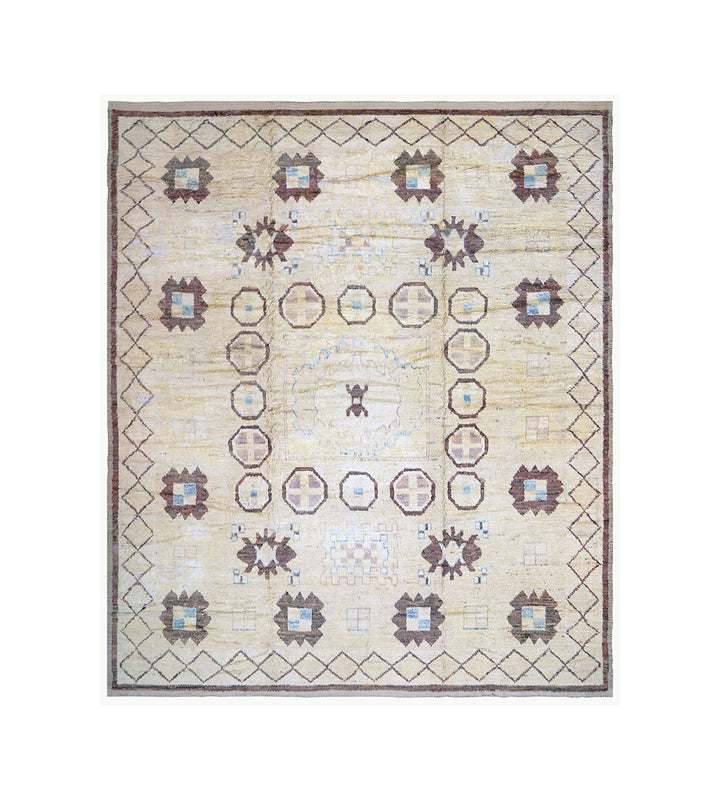 Decorative quilt with geometric pattern on a white background