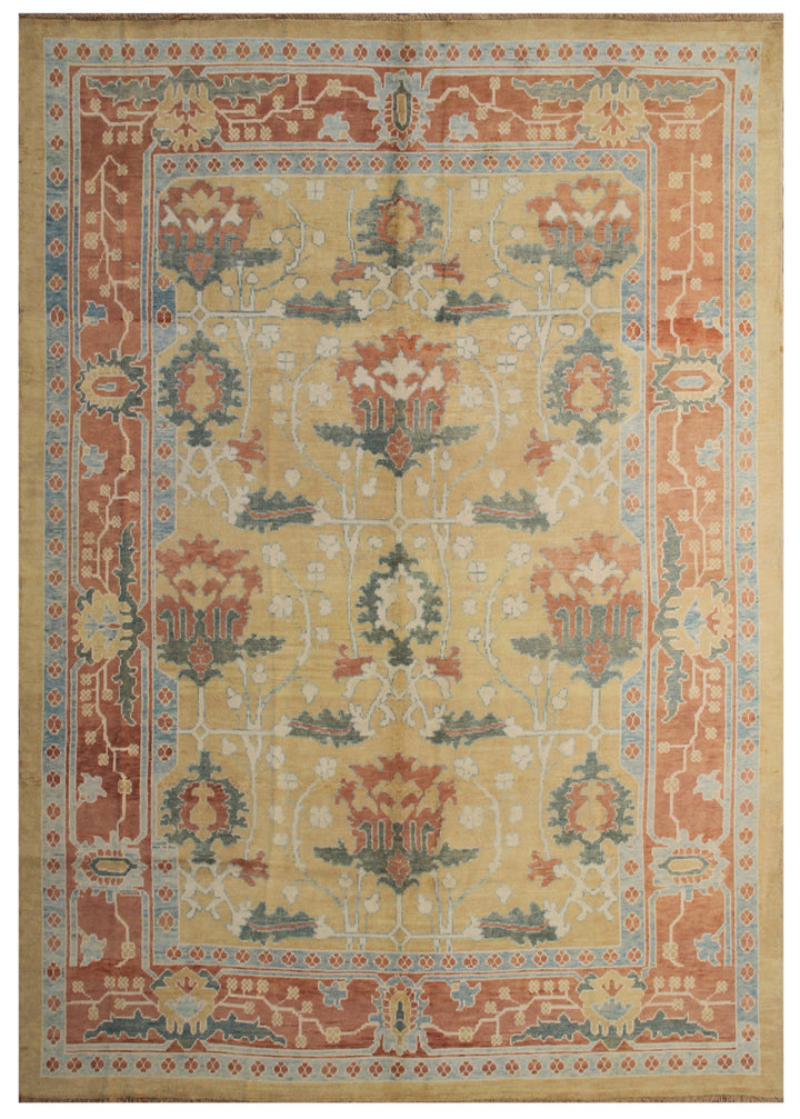 William Morris rug, oversized Turkish Ushak, Arts and Crafts floral carpet, 11x15 luxury rug, gold and blue wool rug, hand-knotted floral rug, heirloom Turkish carpet.