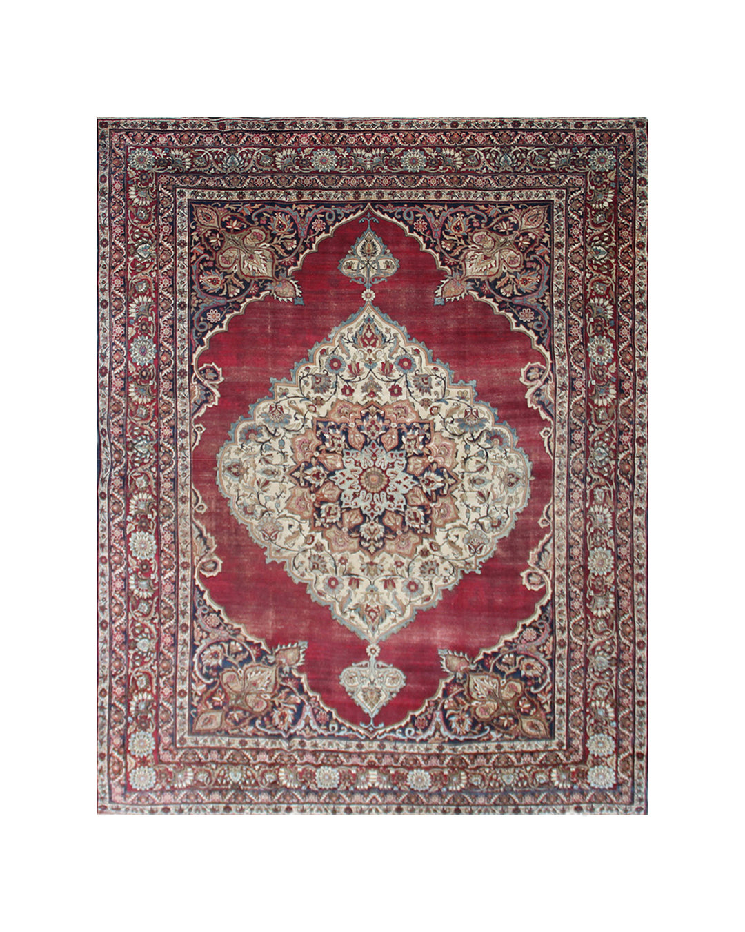 A traditional oriental-style area rug with a deep red field, a large central medallion, and an intricate patterned border in beige, navy, and brown tones, shown flat against a white background.