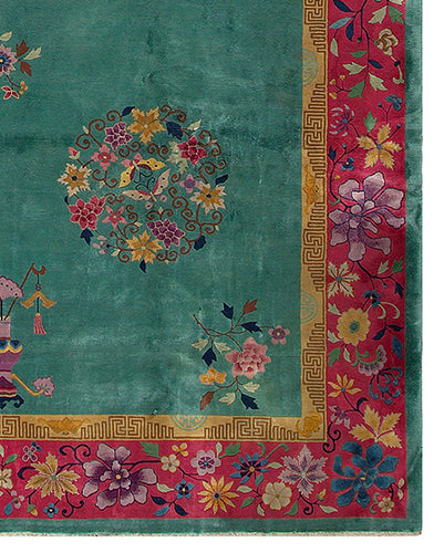 11'x18' Vintage Chinese Art Deco Rug | Vintage Green Extra Large Size Area Rug