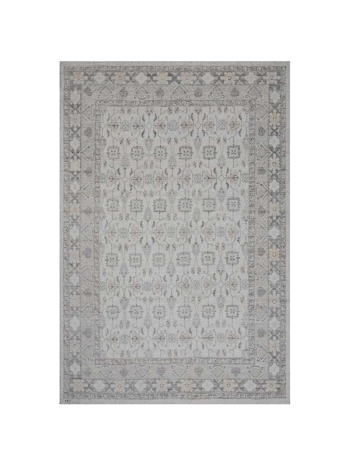 12’x9’ Ariana Transitional Geometric Khotan Wool Rug – Ivory & Grey Tones