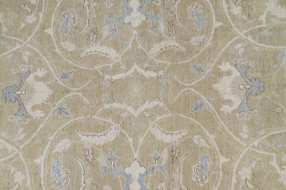 A fine silk and wool polonaise design rug with a floral pattern in beige and blue tones.