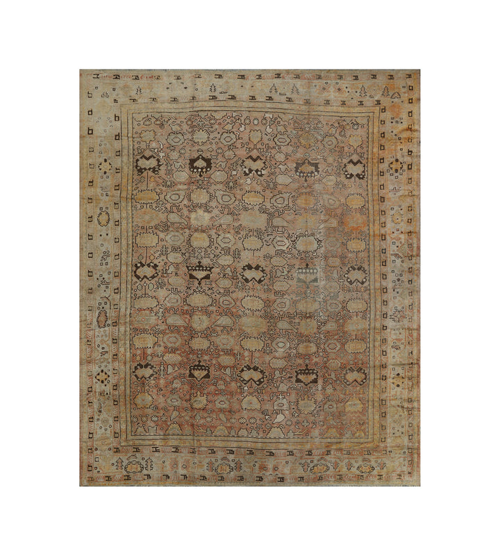 Oversized 12'x15' antique Turkish Oushak rug featuring a large-scale geometric design in faded pink, gold, and warm brown from Ariana Rugs.