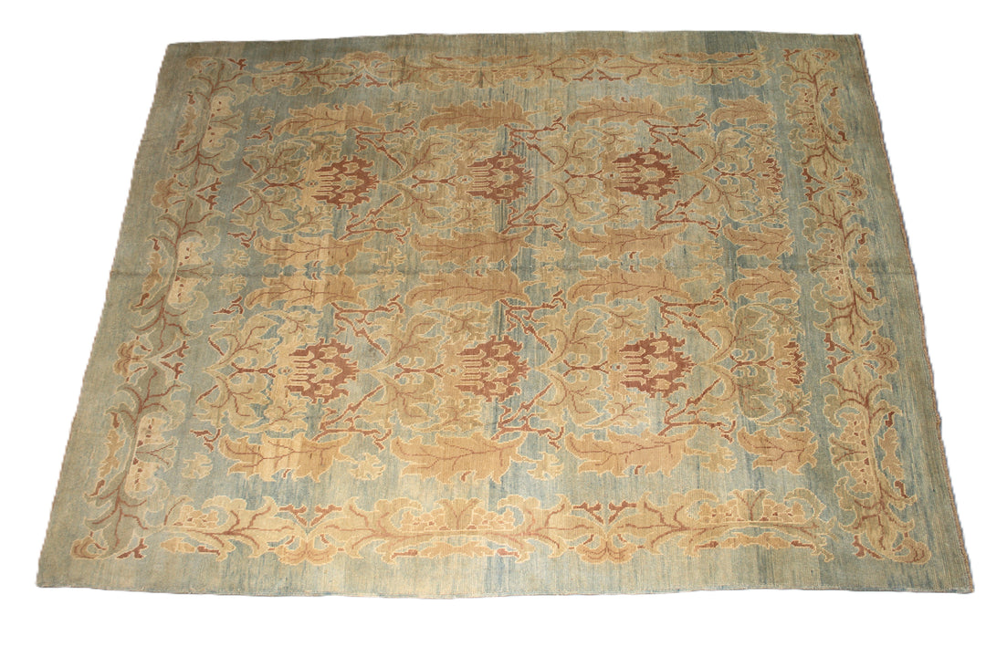 Oversized teal rug, terracotta and gold rug, William Morris style carpet, 12x15 Turkish Ushak, Arts and Crafts interior, luxury hand-knotted wool rug.