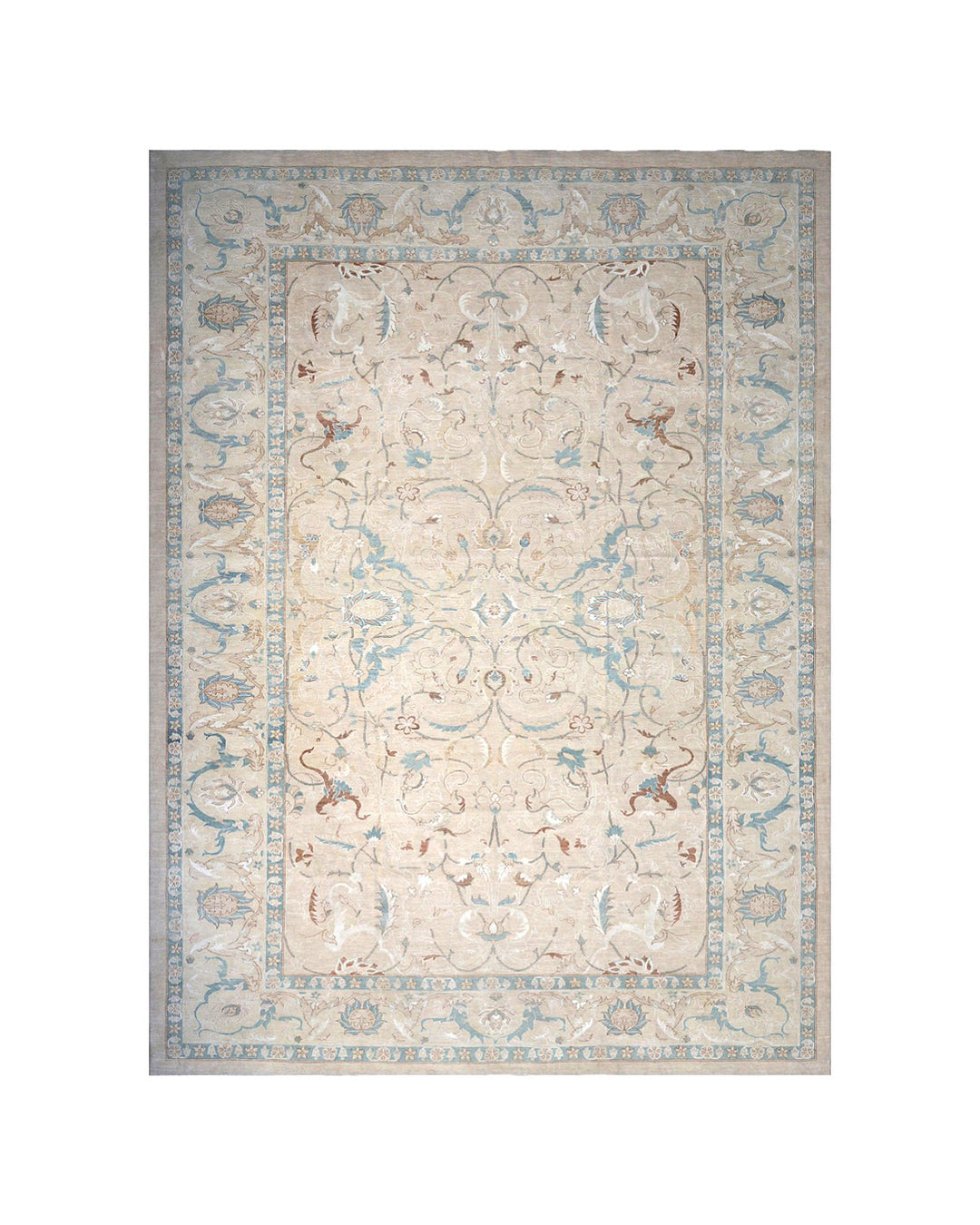 12x16 large Ariana luxury Polonaise style hand-knotted wool and silk rug featuring Persian-inspired floral designs in tan, blue, beige, and gold.