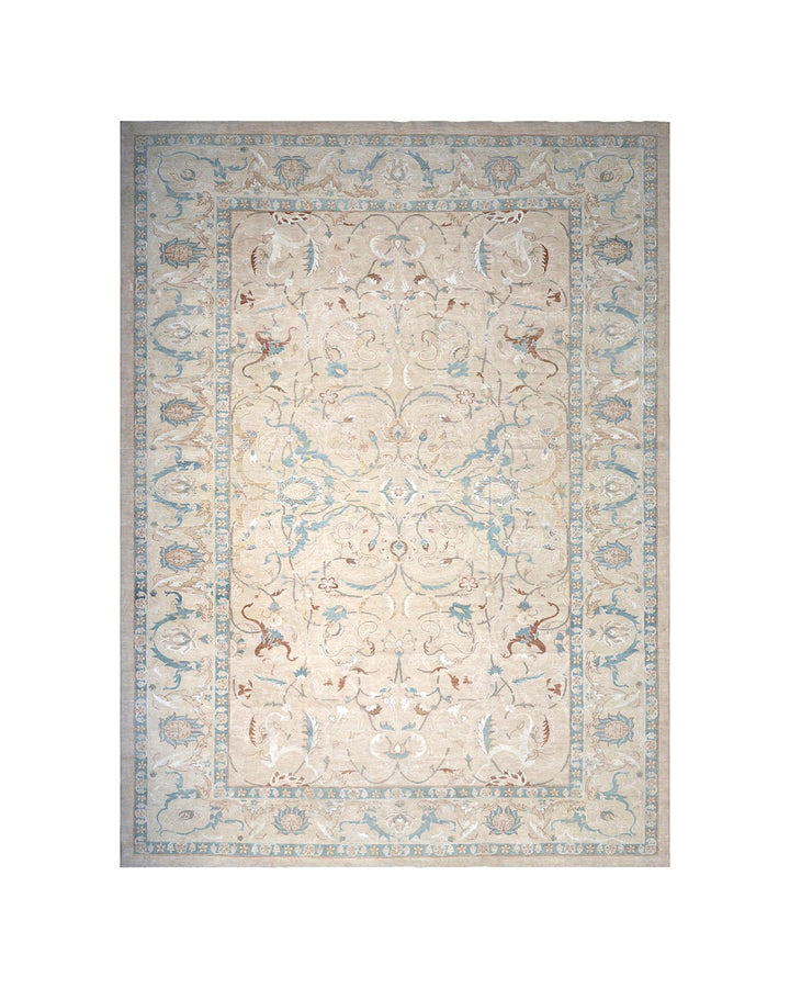 12x16 large Ariana luxury Polonaise style hand-knotted wool and silk rug featuring Persian-inspired floral designs in tan, blue, beige, and gold.