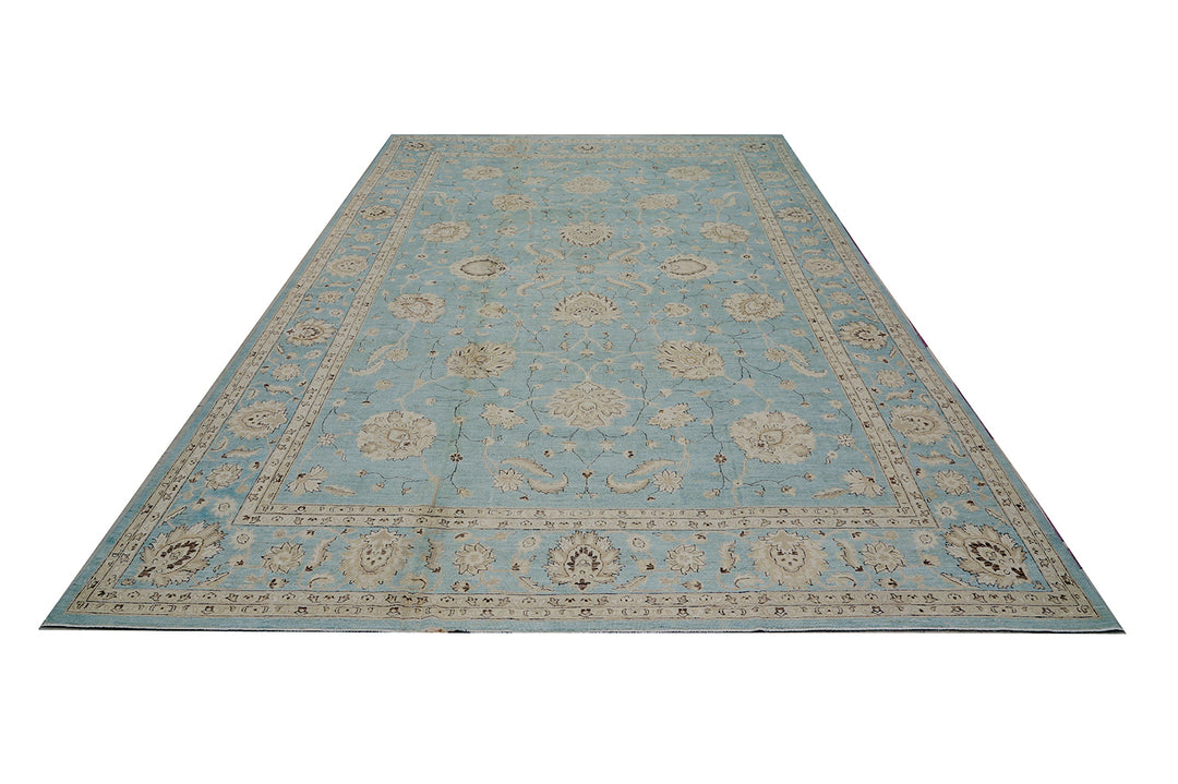 12'x17' Hand-Knotted Afghan Rug – Blue Floral Luxury Large Rug