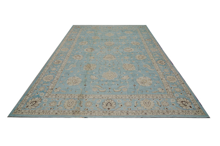 12'x17' Hand-Knotted Afghan Rug – Blue Floral Luxury Large Rug
