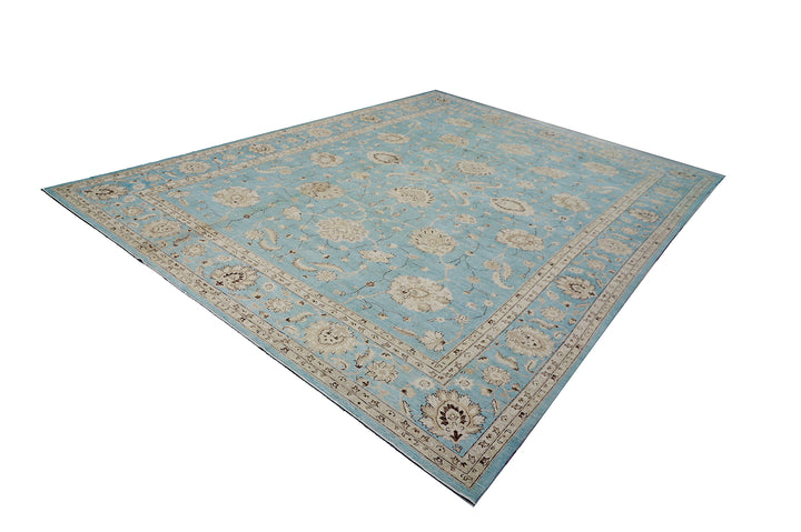 12'x17' Hand-Knotted Afghan Rug – Blue Floral Luxury Large Rug