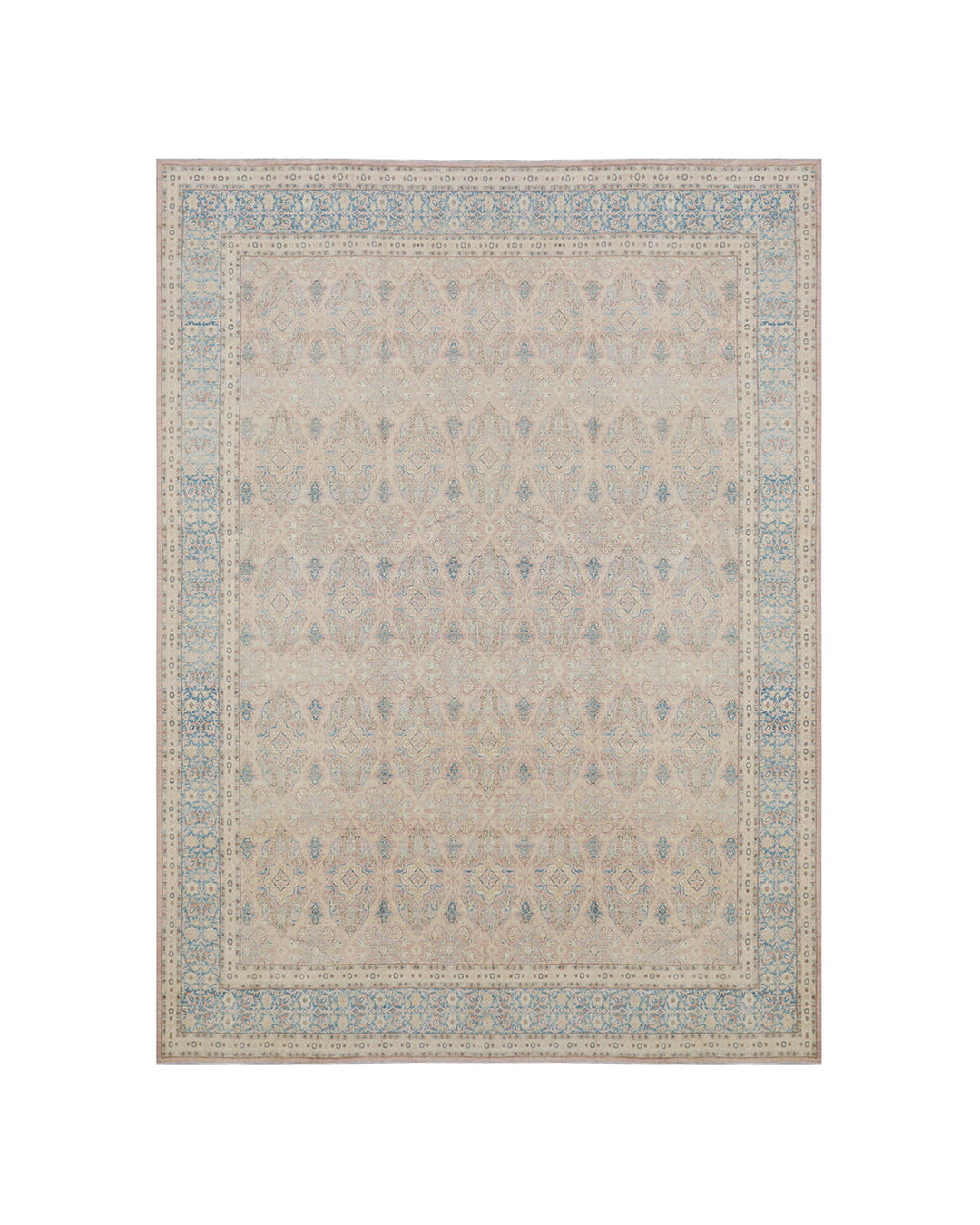 Large 12x17 hand-knotted Afghan wool rug featuring a blue and salmon floral Ariana transitional pattern.