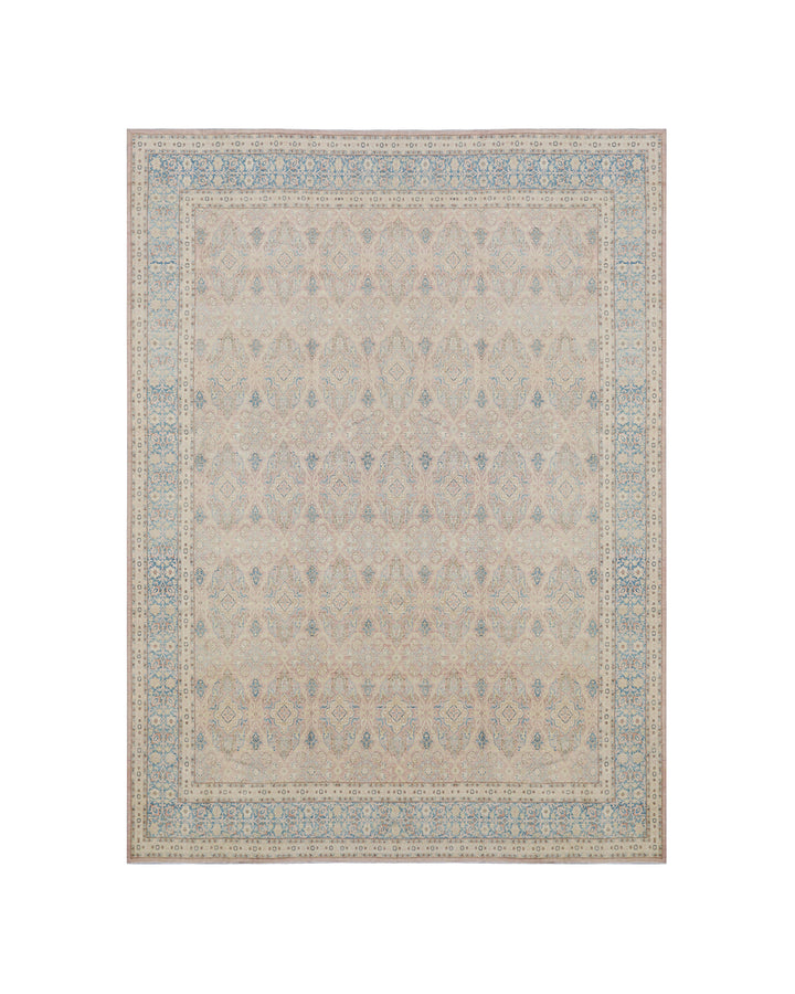 Large 12x17 hand-knotted Afghan wool rug featuring a blue and salmon floral Ariana transitional pattern.