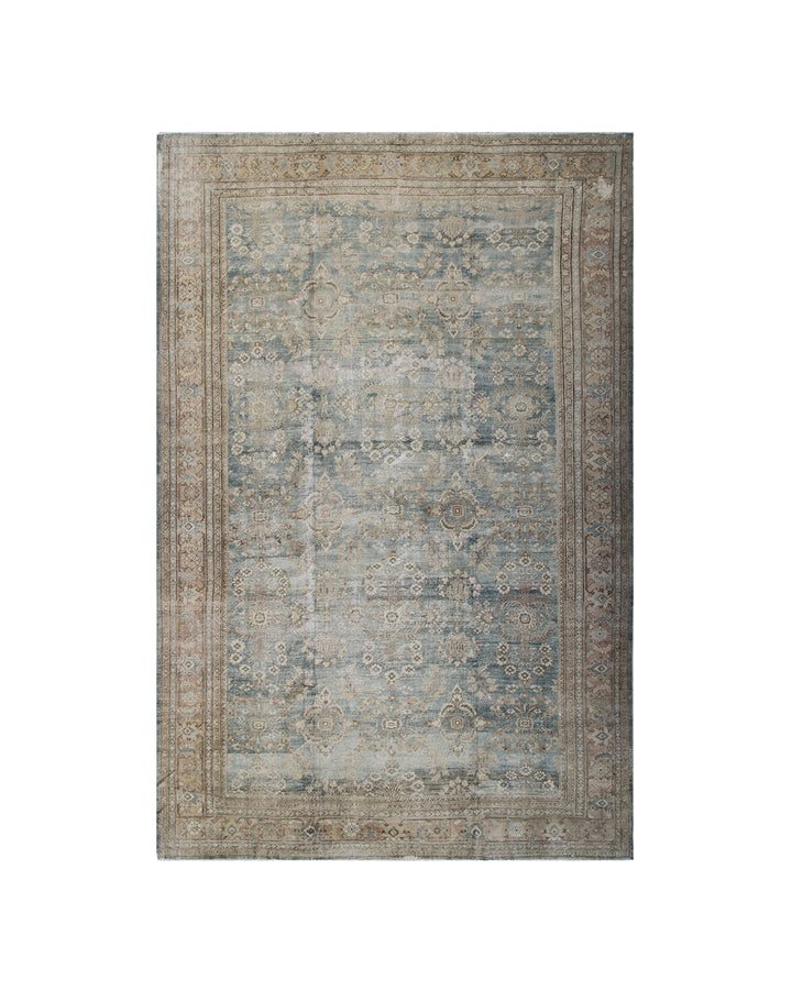 12'x18' antique Persian Mahal rug in pale navy blue, rust, black, and white distressed wool from Ariana Rugs
