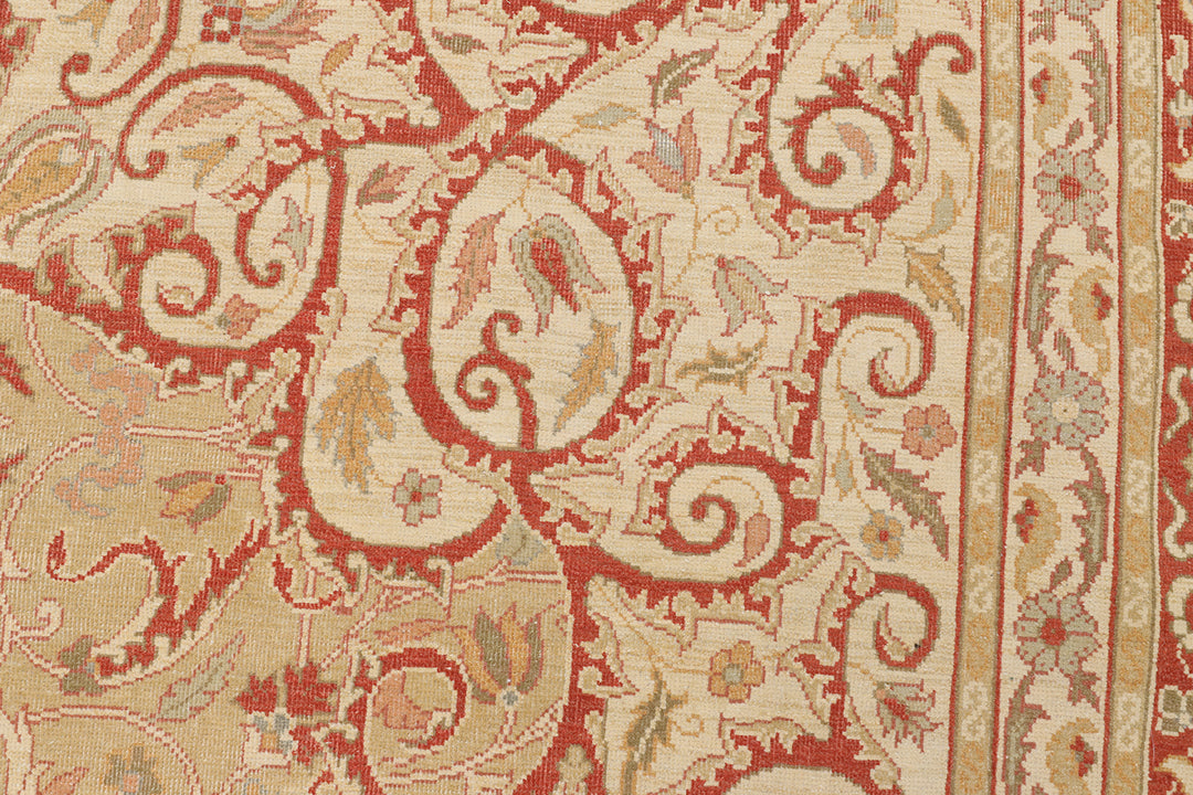 18.04 x 12.02 Grand palace size Egyptian hand-knotted area rug featuring an intricate floral motif in deep green and terracotta.