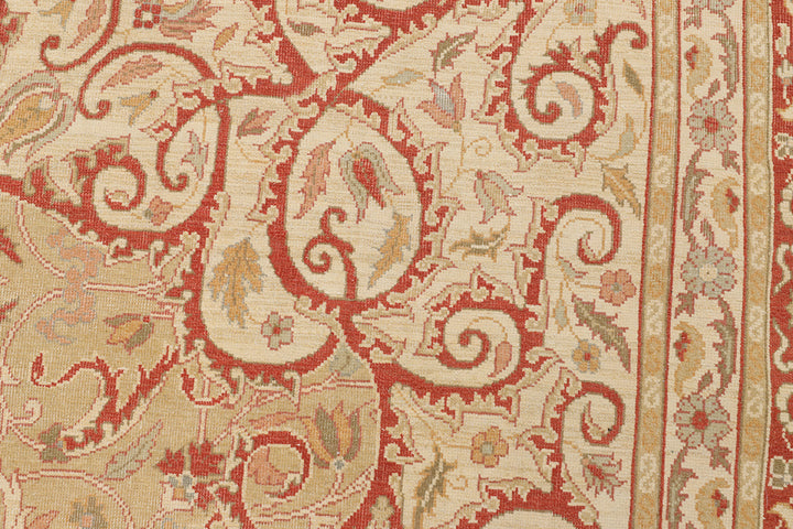 18.04 x 12.02 Grand palace size Egyptian hand-knotted area rug featuring an intricate floral motif in deep green and terracotta.