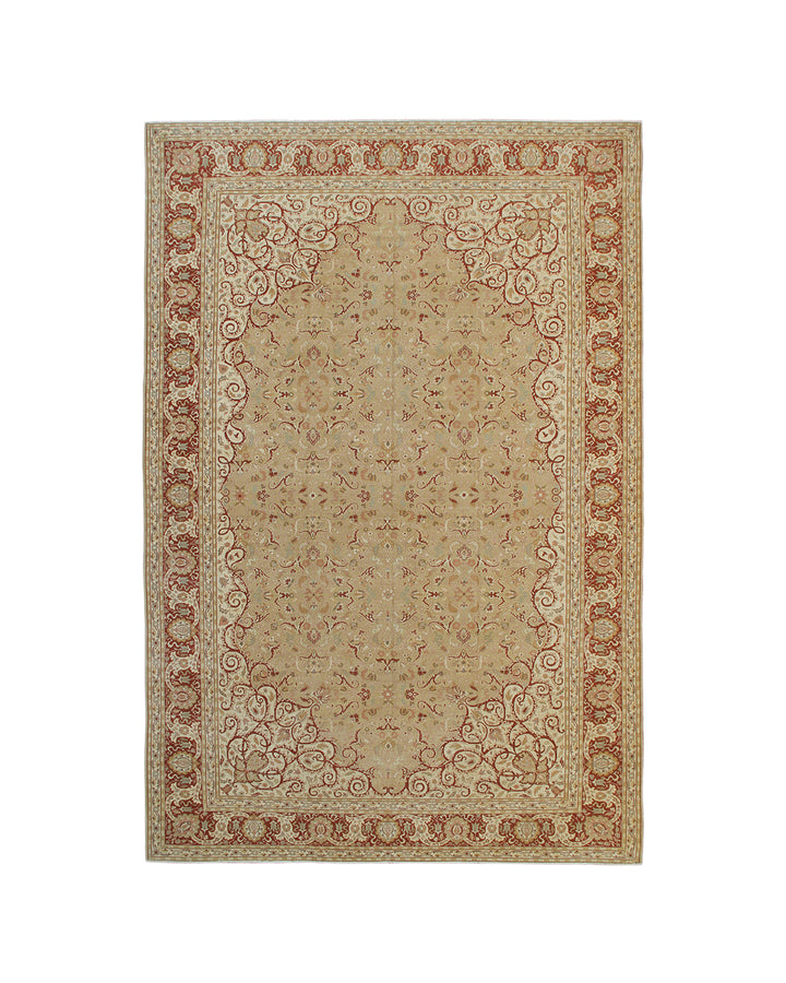 18.04 x 12.02 Grand palace size Egyptian hand-knotted area rug featuring an intricate floral motif in deep green and terracotta.