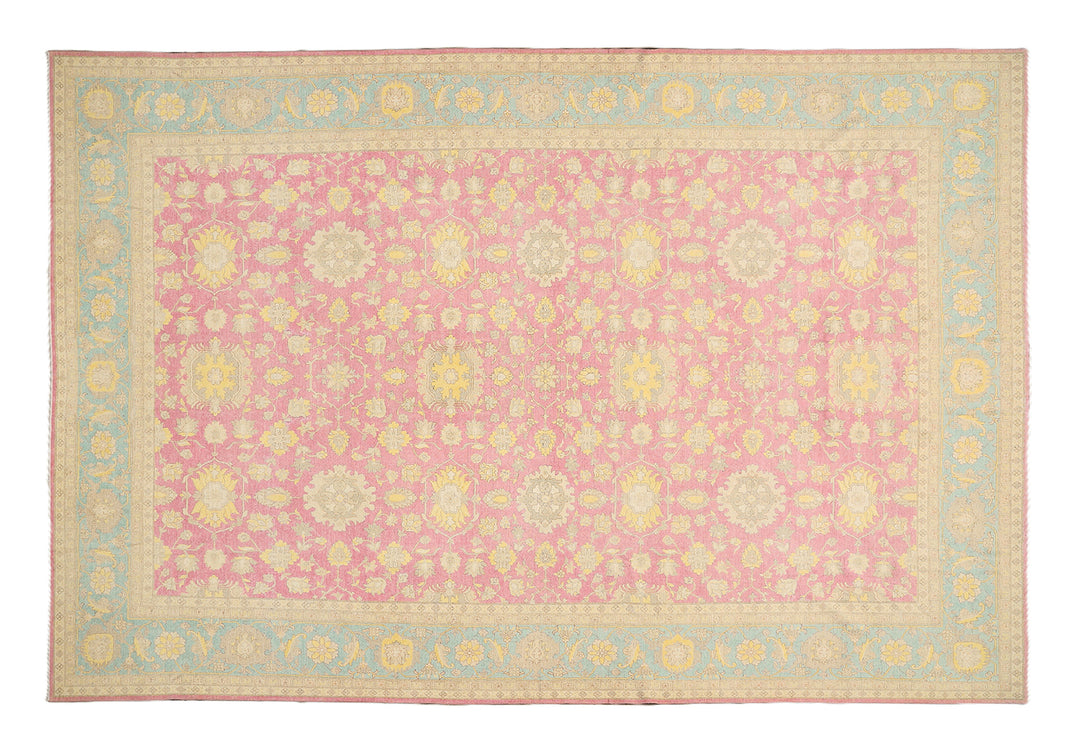 12x18 luxury hand-knotted Afghan Sultanabad rug with hot pink field and blue floral border by Ariana Rugs West Hollywood