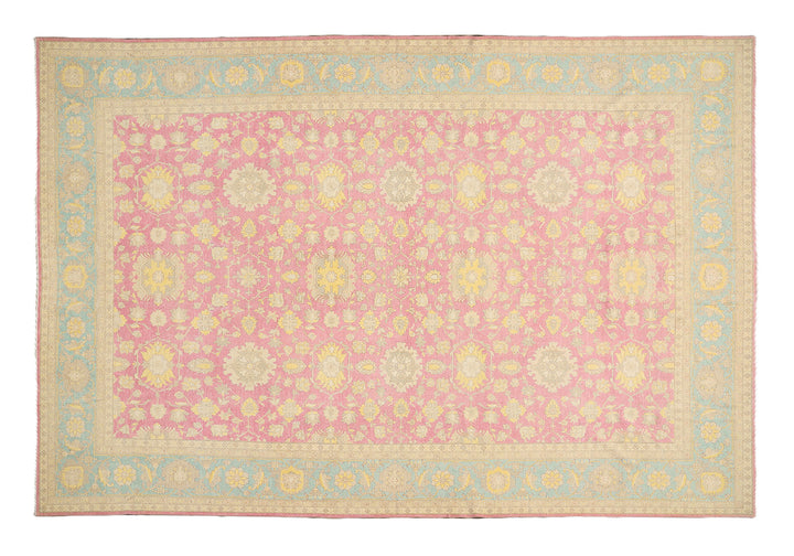 12x18 luxury hand-knotted Afghan Sultanabad rug with hot pink field and blue floral border by Ariana Rugs West Hollywood