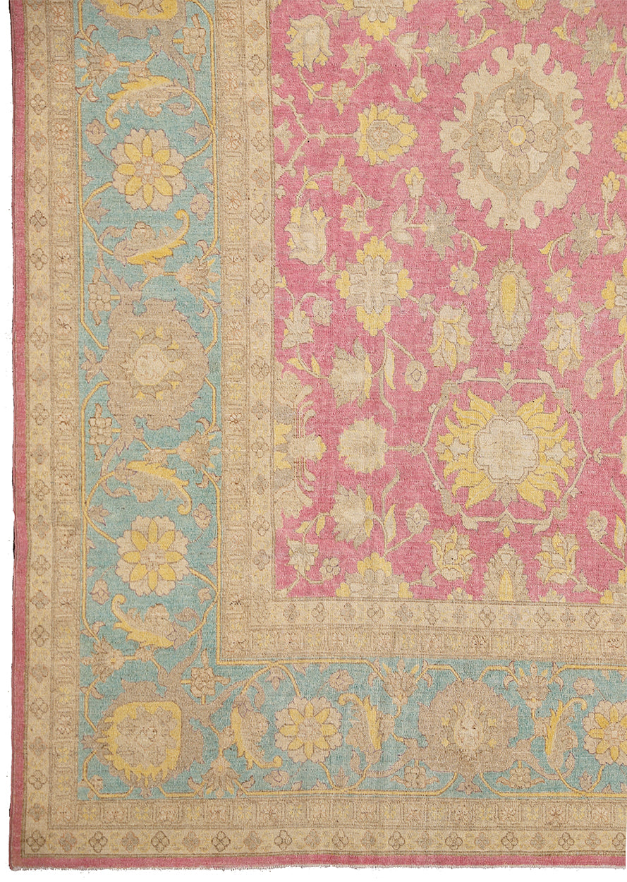 12x18 luxury hand-knotted Afghan Sultanabad rug with hot pink field and blue floral border by Ariana Rugs West Hollywood
